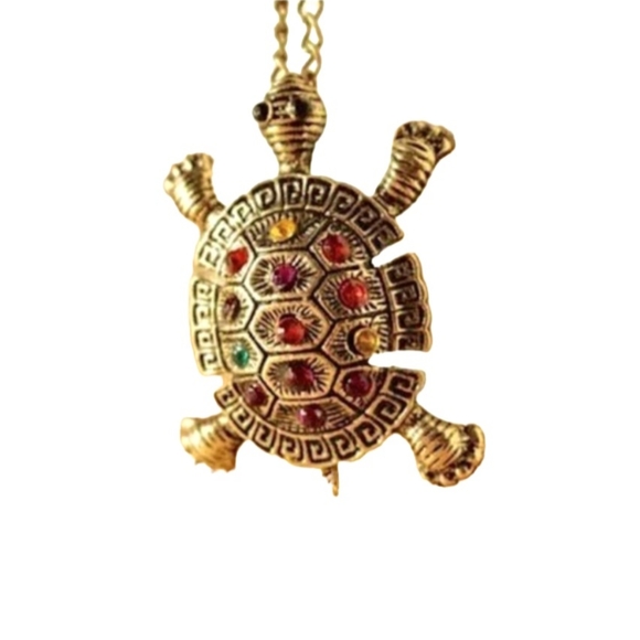 TURTLE Long Sweater Necklace Bronze & Colorful Rainbow Crystal Rhinestones - Picture 9 of 9